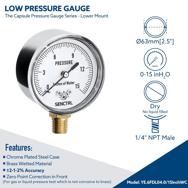 senctrl 0-15 Inches of Water Column Gauge, Low Pressure Capsule Gauge, 2-1/2" Dial Size, 1/4" NPT Lower Mount, Zero Adjustment, for Air Water Gas Pressure Test - Image 2